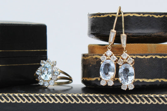 Antique Aquamarine & Diamond Set, 5.59 Carats 14K Gold