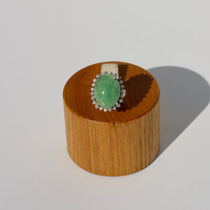 Jade Cabochon & Diamond Halo Ring, 14.13 Carats 14K Gold