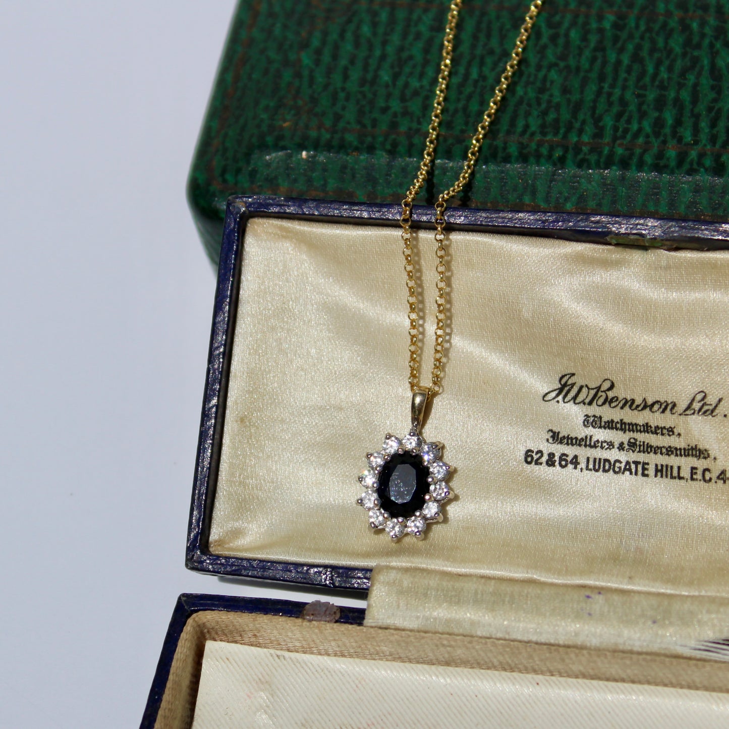 Antique Noir Sapphire & White Topaz Halo Pendant Necklace, 2.32 Carats 9K Gold