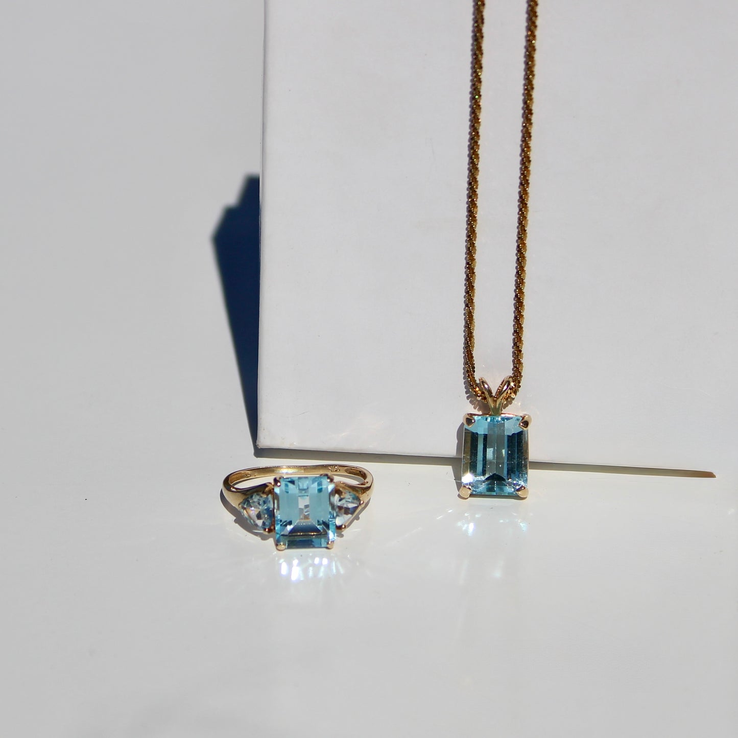 Emerald-Cut Blue Topaz Set w/ Aquamarine, 9.1 Carats 10K & 14K Gold