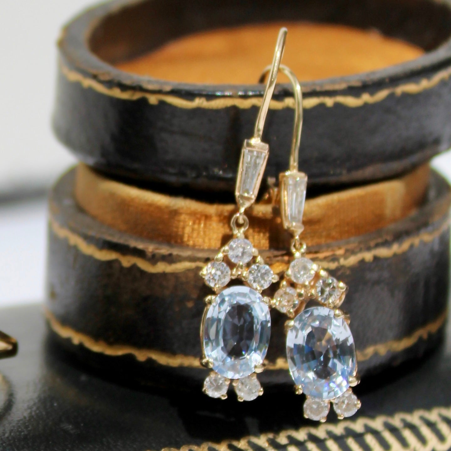 Antique Aquamarine & Diamond Drop Earrings, 3.78 Carats 14K Gold