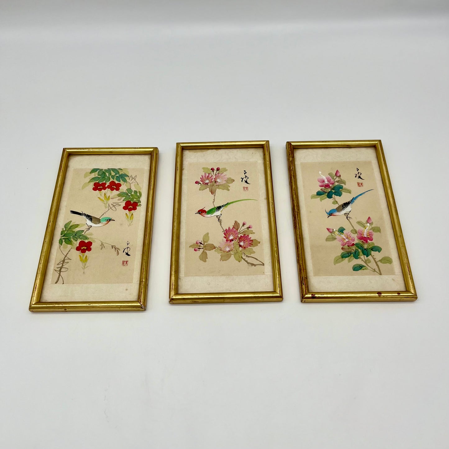 1930's Chinese Hand-painted Silk Birds (Framed Set of 3)