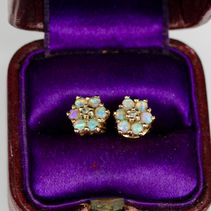 1920's Opal & Diamond Flower Earrings, 0.57 Carat 9K Gold