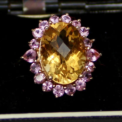 Pink Sapphire & Citrine Cocktail Ring, 6.2 Carats 10K Gold