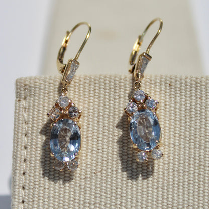 Antique Aquamarine & Diamond Drop Earrings, 3.78 Carats 14K Gold