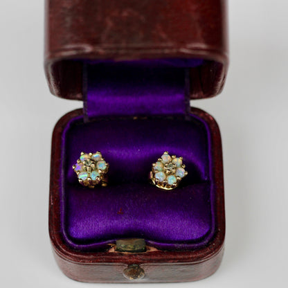 1920's Opal & Diamond Flower Earrings, 0.57 Carat 9K Gold