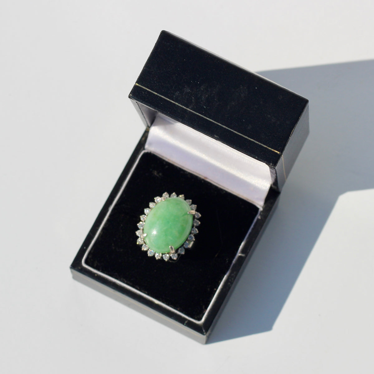Jade Cabochon & Diamond Halo Ring, 14.13 Carats 14K Gold