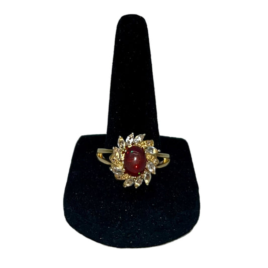 Antique Fire Opalescent Amber Cabochon & Spinel Ring- 2 CTW 9K Gold
