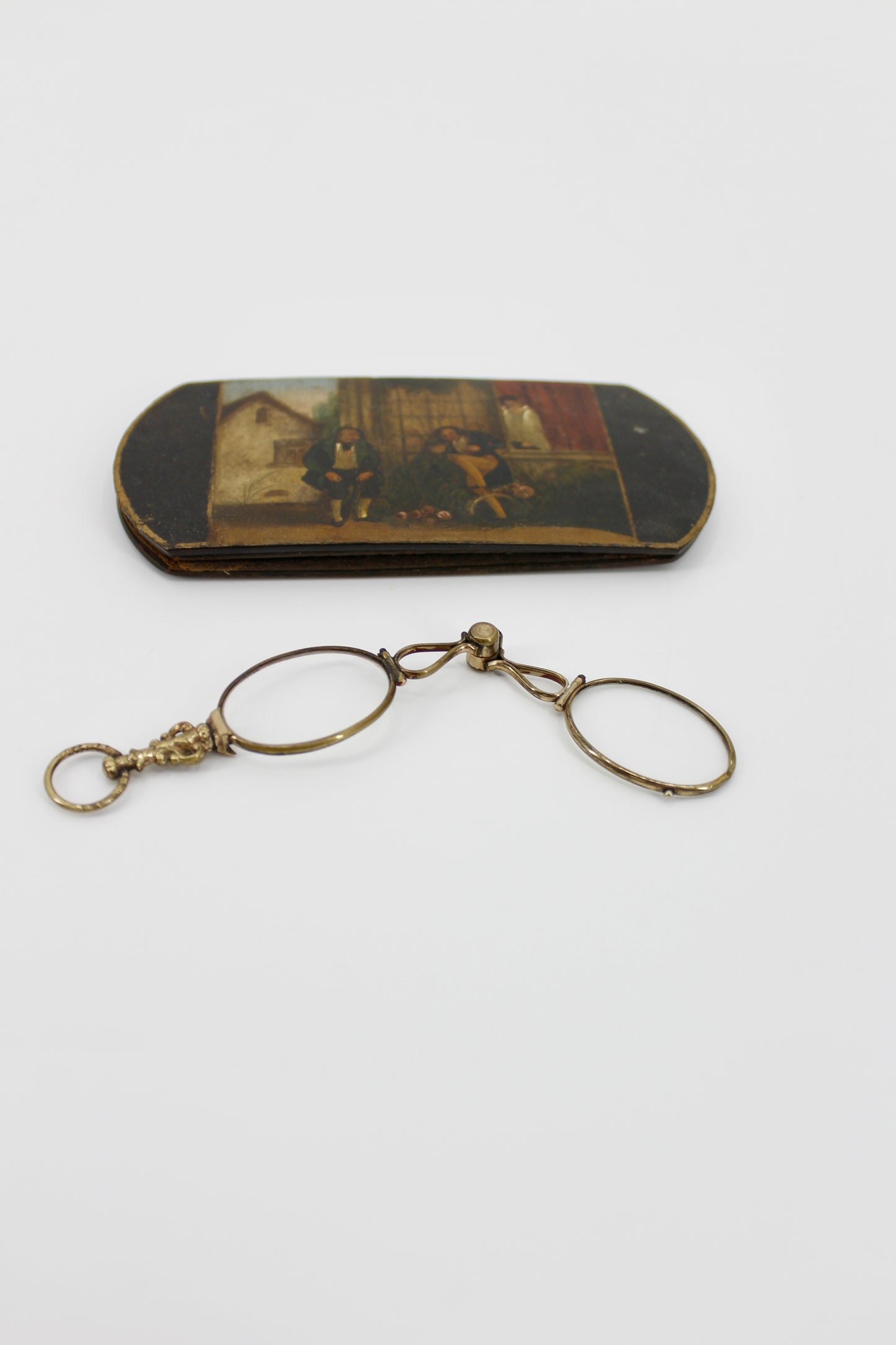 Victorian Lorgnette Folding Spectacles (Gold Vermeil, Hand-Painted Case)