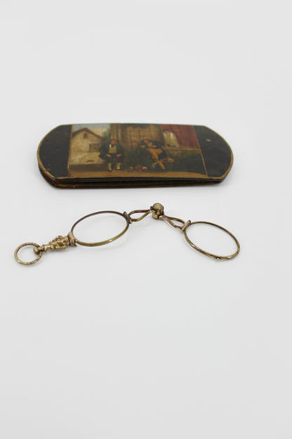 Victorian Lorgnette Folding Spectacles (Gold Vermeil, Hand-Painted Case)