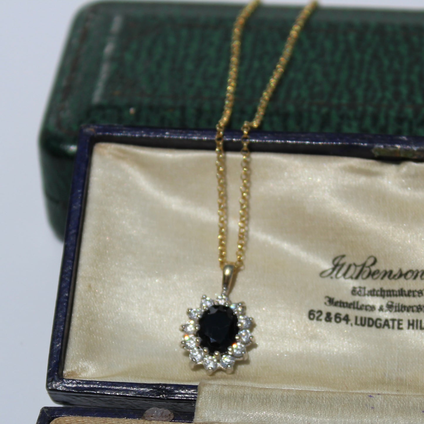 Antique Noir Sapphire & White Topaz Halo Pendant Necklace, 2.32 Carats 9K Gold