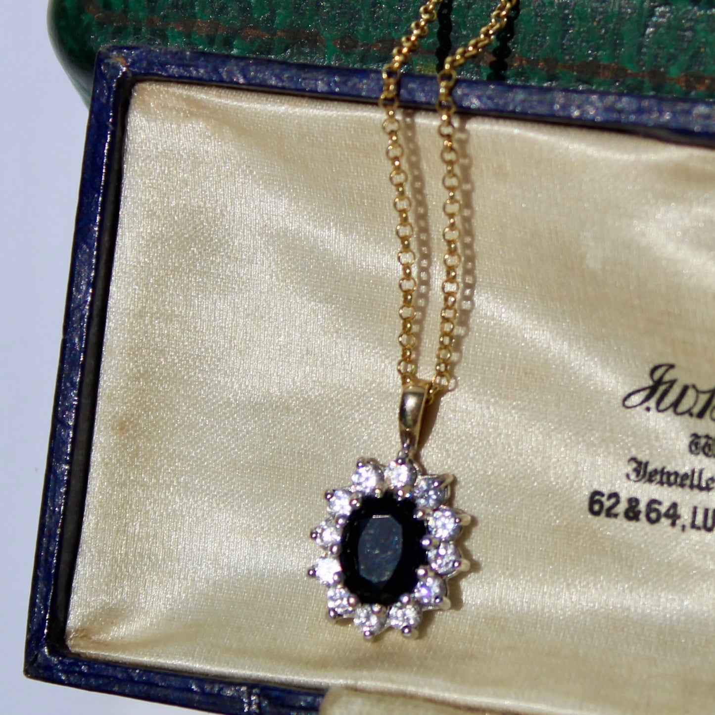 Antique Noir Sapphire & White Topaz Halo Pendant Necklace, 2.32 Carats 9K Gold