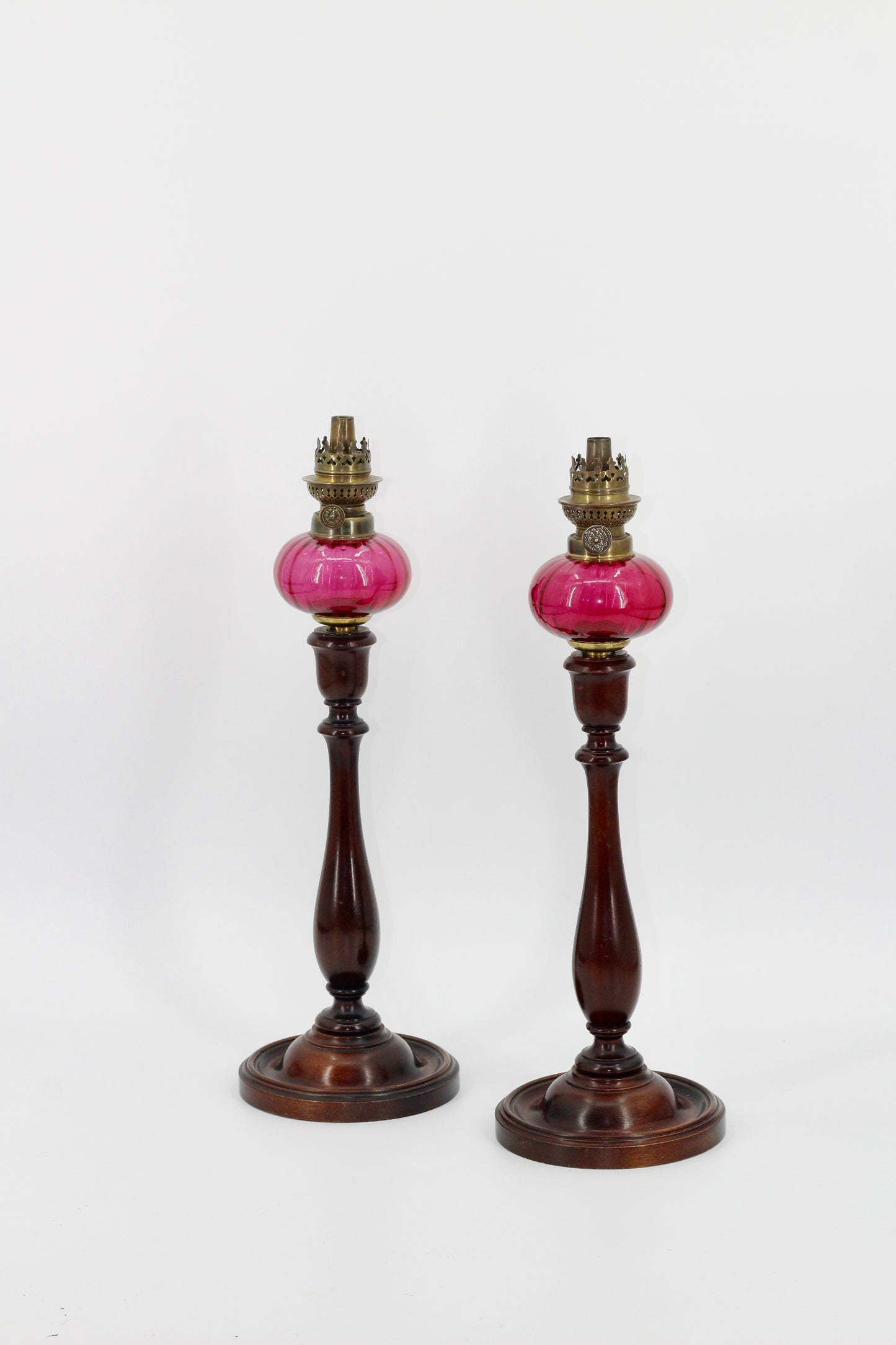 Imperial Russian Red-Font Mahogany Peg Lamp Pair
