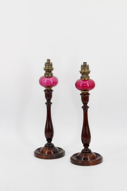 Imperial Russian Red-Font Mahogany Peg Lamp Pair