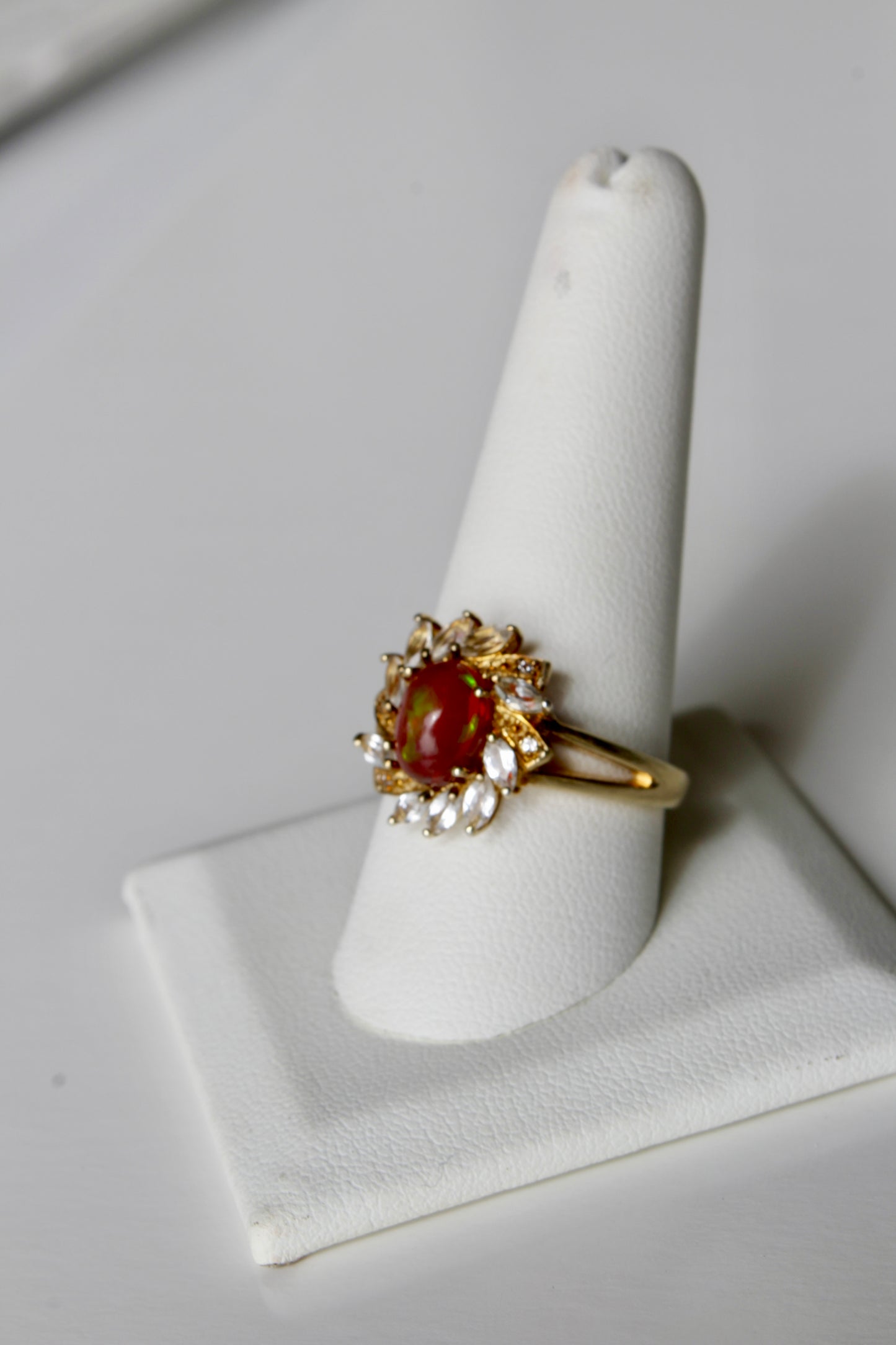 Antique Opalescent Amber Cabochon & Spinel Ring- 2 Carats 9K Gold