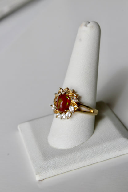 Antique Opalescent Amber Cabochon & Spinel Ring- 2 Carats 9K Gold