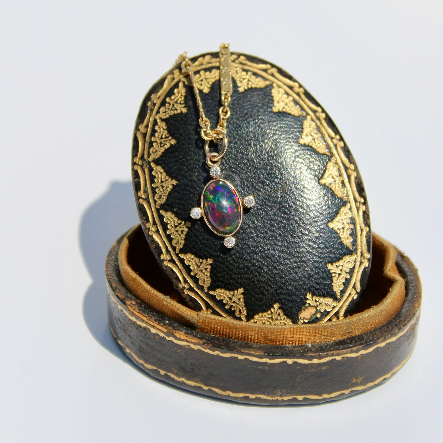 Black Opal Cabochon & Diamond Pendant, 2.12 Carats 14K Gold