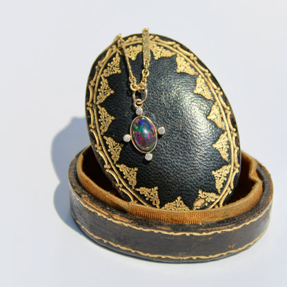 Black Opal Cabochon & Diamond Pendant, 2.12 Carats 14K Gold
