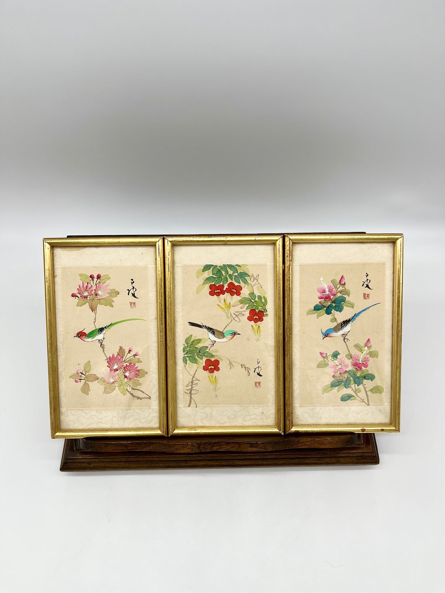 1930's Chinese Hand-painted Silk Birds (Framed Set of 3)