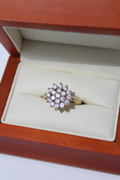 Vintage English CZ Cluster Cocktail Ring, 1.52 Carats 9K Gold