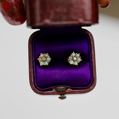 1920's Opal & Diamond Flower Earrings, 0.57 Carat 9K Gold