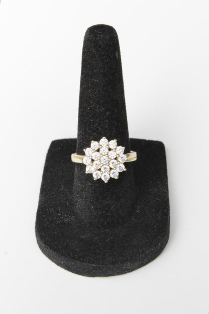 Vintage English CZ Cluster Cocktail Ring, 1.52 Carats 9K Gold