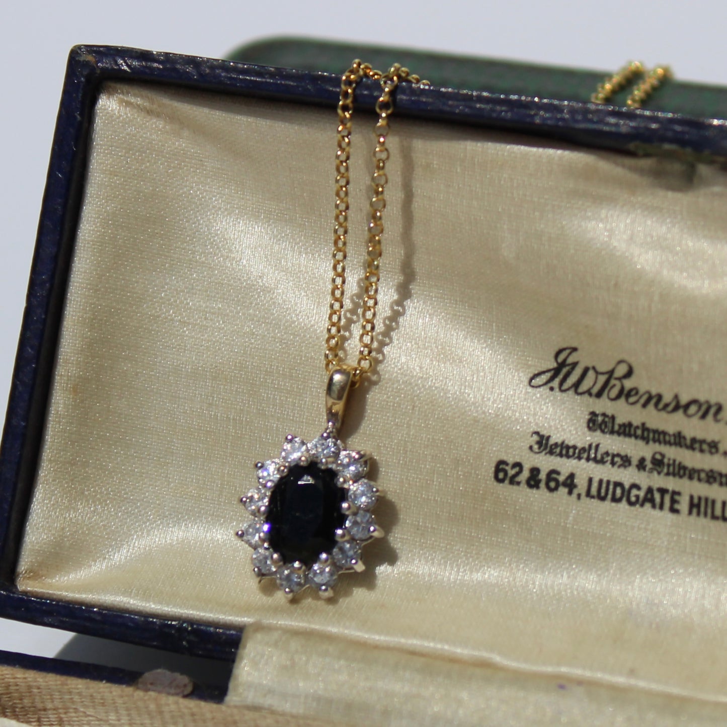 Antique Noir Sapphire & White Topaz Halo Pendant Necklace, 2.32 Carats 9K Gold