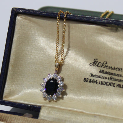 Antique Noir Sapphire & White Topaz Halo Pendant Necklace, 2.32 Carats 9K Gold