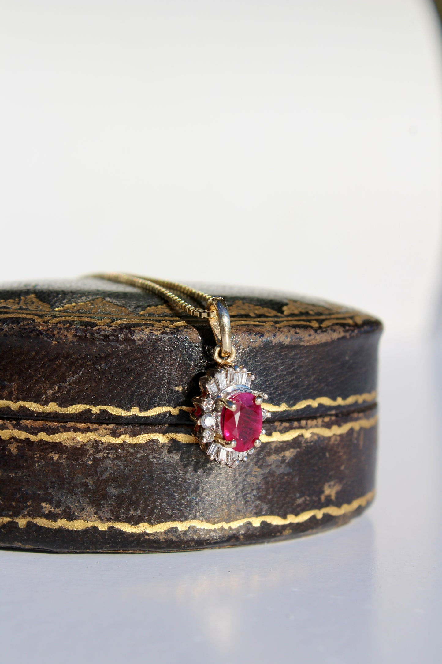 Antique Ruby & Diamond Halo Necklace, 1.53 Carats 14K Gold