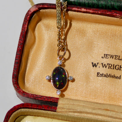 Black Opal Cabochon & Diamond Pendant, 2.12 Carats 14K Gold
