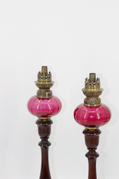 Imperial Russian Red-Font Mahogany Peg Lamp Pair