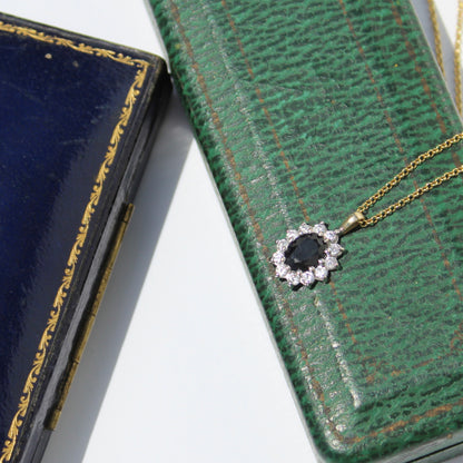 Antique Noir Sapphire & White Topaz Halo Pendant Necklace, 2.32 Carats 9K Gold