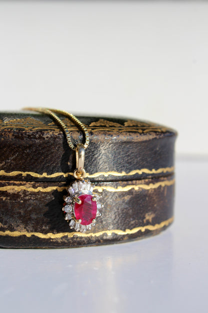 Antique Ruby & Diamond Halo Necklace, 1.53 Carats 14K Gold