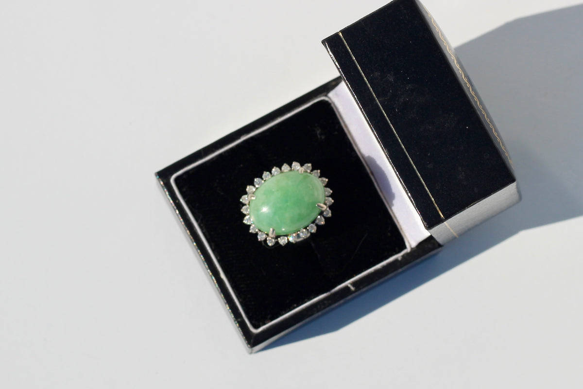 Jade Cabochon & Diamond Halo Ring, 14.13 Carats 14K Gold