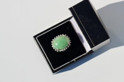 Jade Cabochon & Diamond Halo Ring, 14.13 Carats 14K Gold
