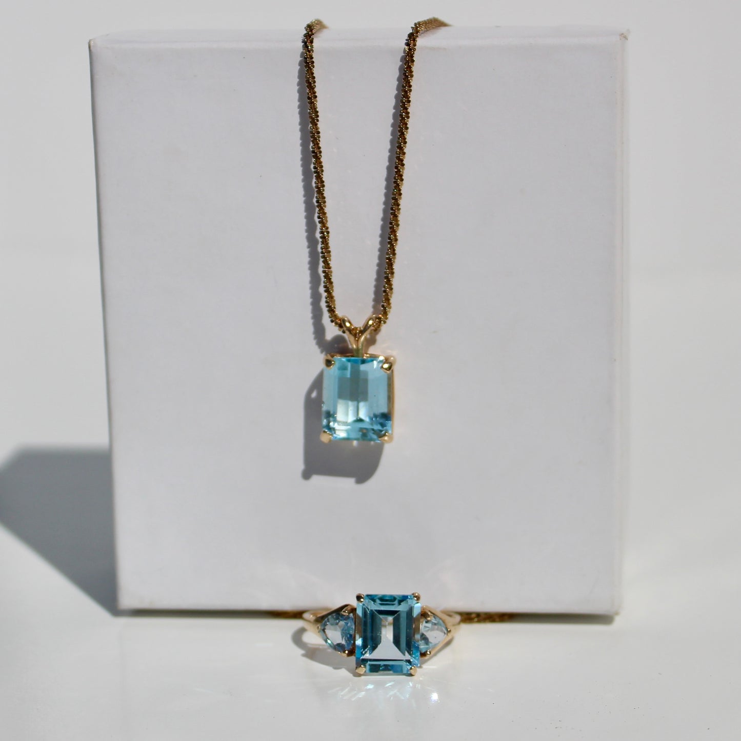 Emerald-Cut Blue Topaz Set w/ Aquamarine, 9.1 Carats 10K & 14K Gold