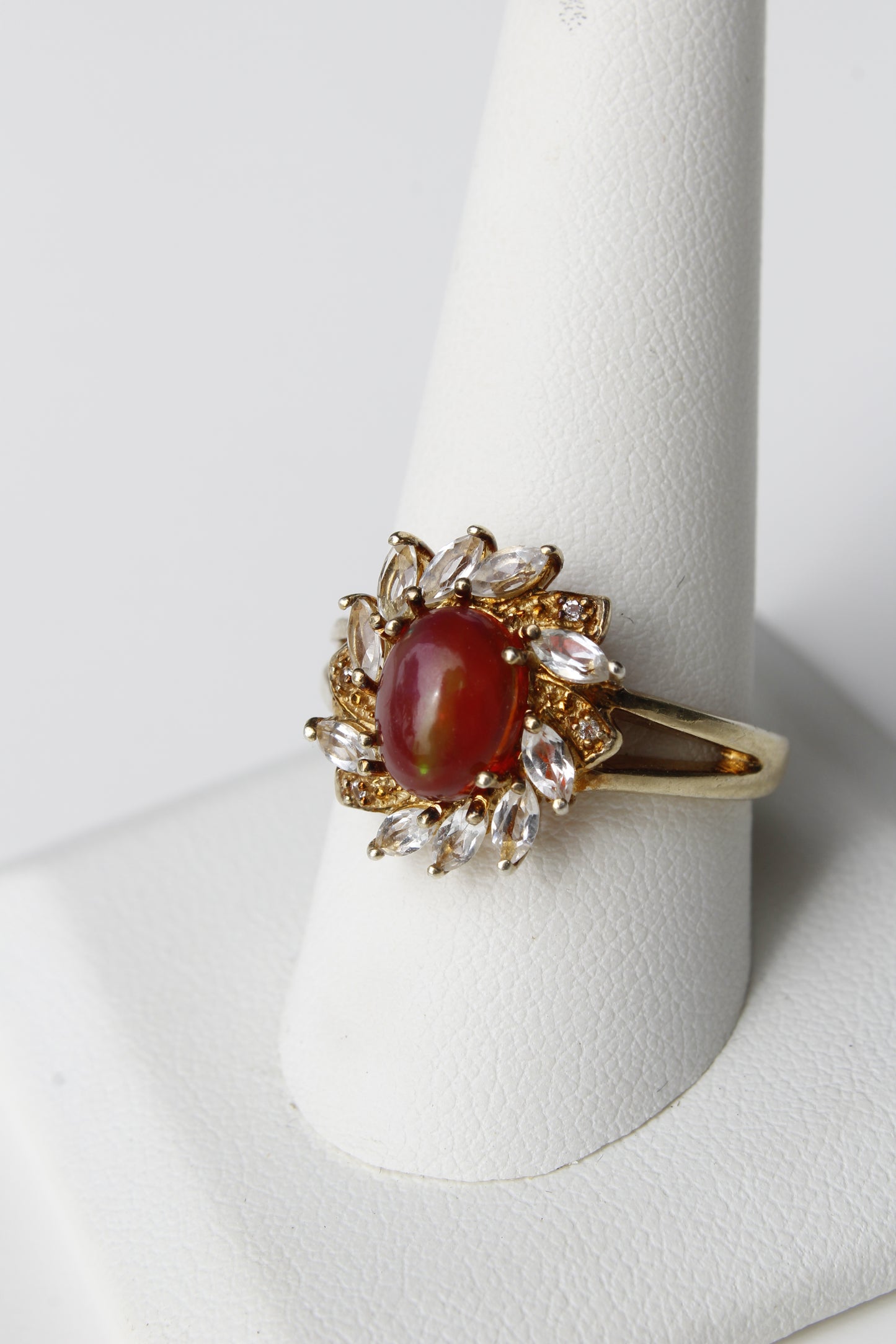 Antique Opalescent Amber Cabochon & Spinel Ring- 2 Carats 9K Gold