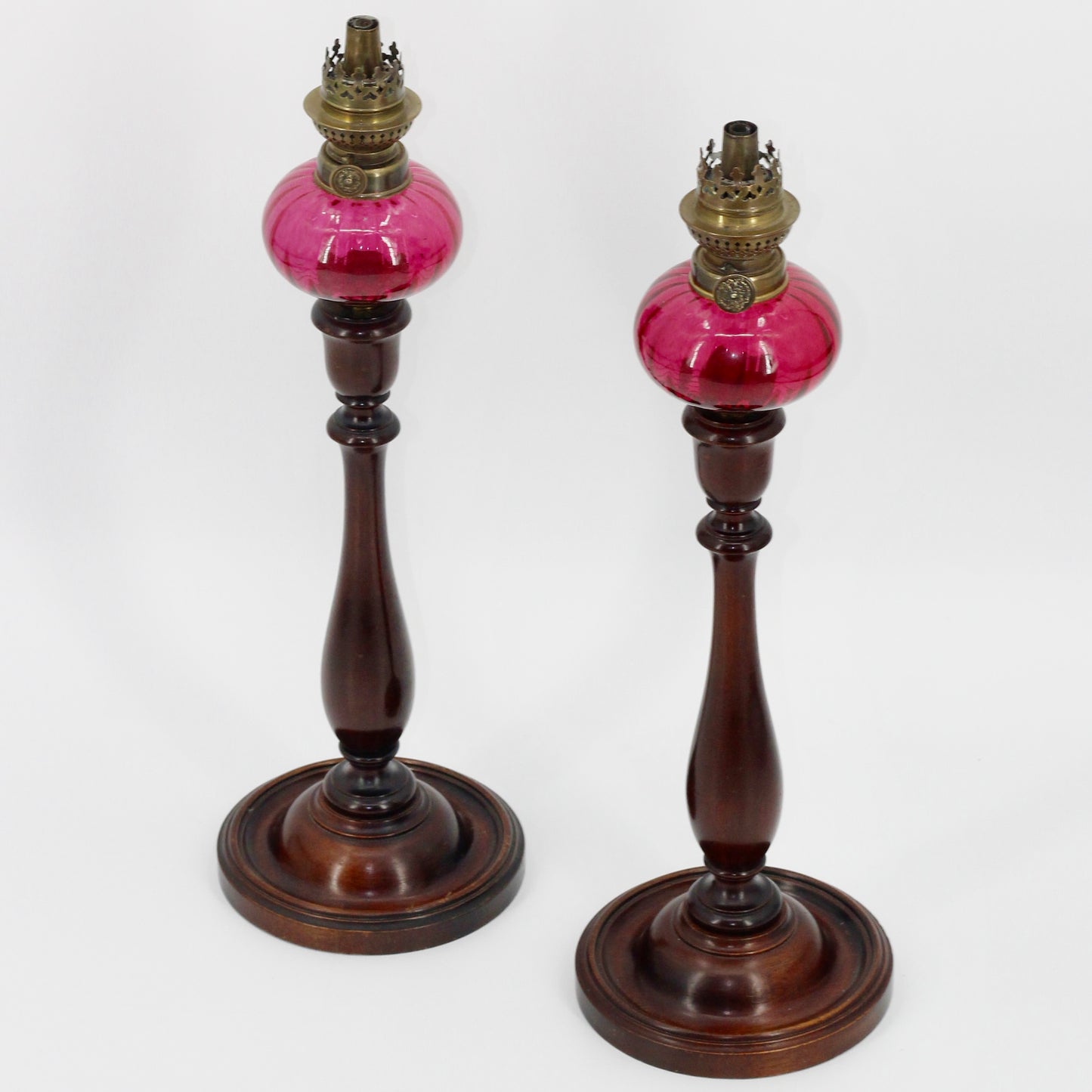 Imperial Russian Red-Font Mahogany Peg Lamp Pair