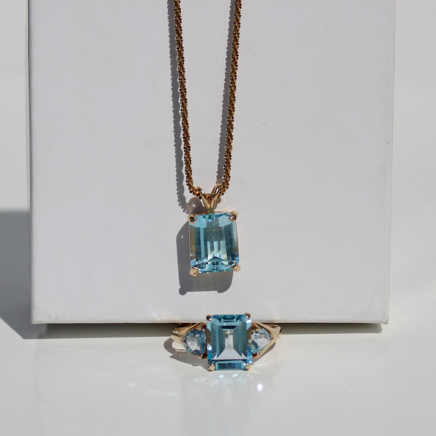 Emerald-Cut Blue Topaz Set w/ Aquamarine, 9.1 Carats 10K & 14K Gold