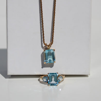 Emerald-Cut Blue Topaz Set w/ Aquamarine, 9.1 Carats 10K & 14K Gold