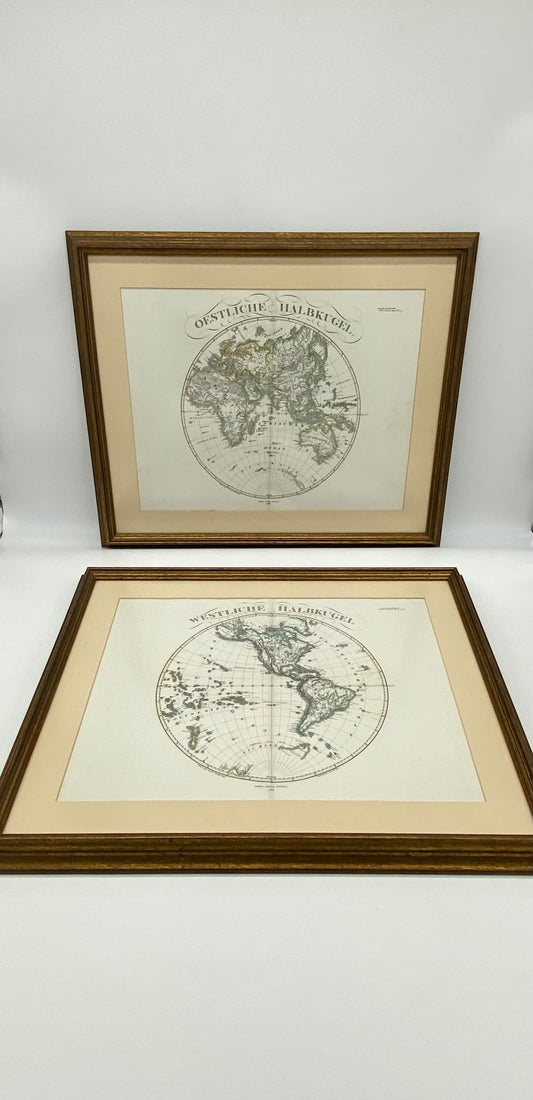 1866 Stieler World Map Framed Pair