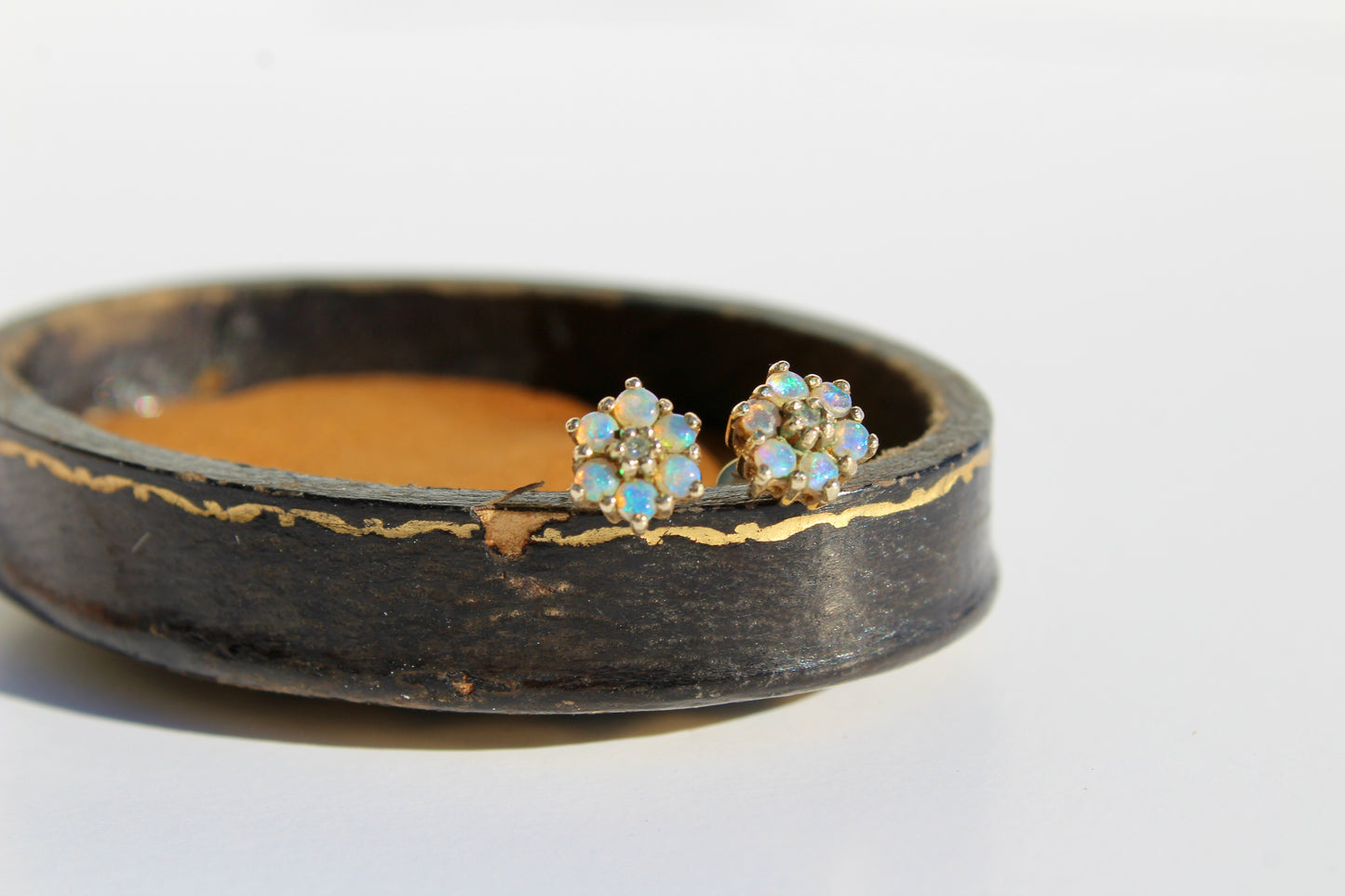 1920's Opal & Diamond Flower Earrings, 0.57 Carat 9K Gold