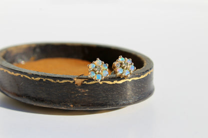 1920's Opal & Diamond Flower Earrings, 0.57 Carat 9K Gold