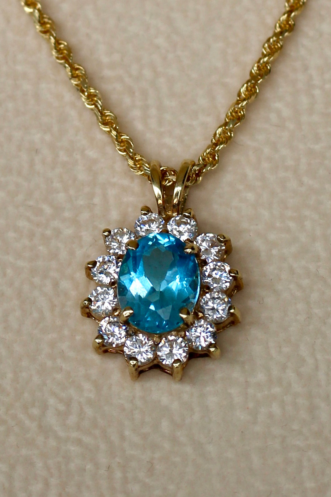 Blue Topaz & Cubic Zirconia Halo Pendant, 3.63 Carats 10K Gold