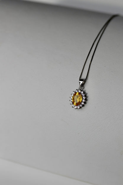 Citrine & White Sapphire Halo Pendant Necklace, 1 Carat 925 Sterling Silver