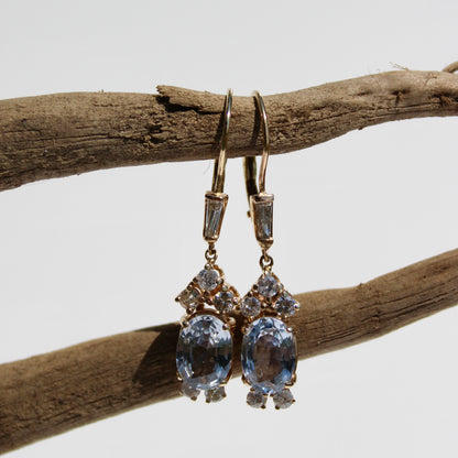Antique Aquamarine & Diamond Drop Earrings, 3.78 Carats 14K Gold