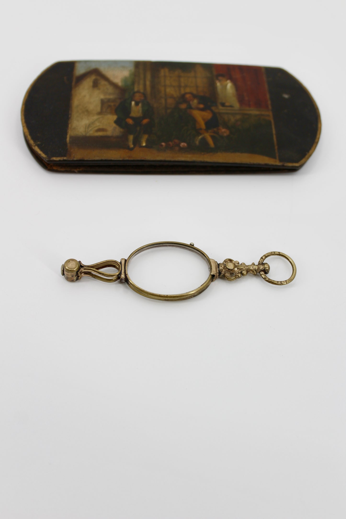Victorian Lorgnette Folding Spectacles (Gold Vermeil, Hand-Painted Case)