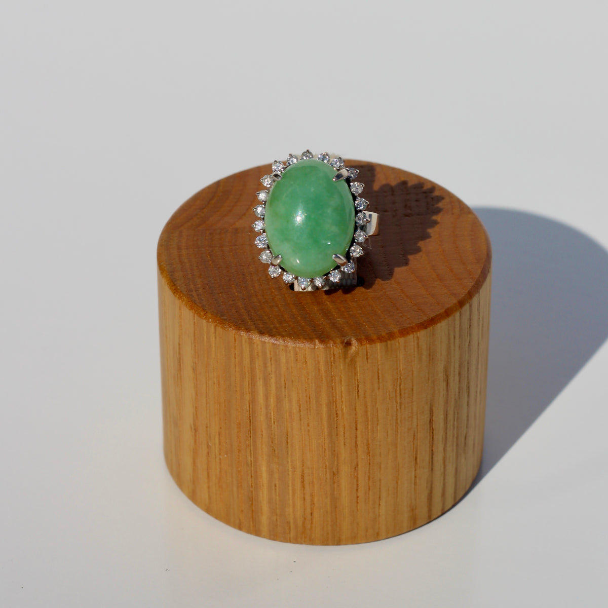 Jade Cabochon & Diamond Halo Ring, 14.13 Carats 14K Gold