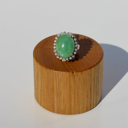 Jade Cabochon & Diamond Halo Ring, 14.13 Carats 14K Gold
