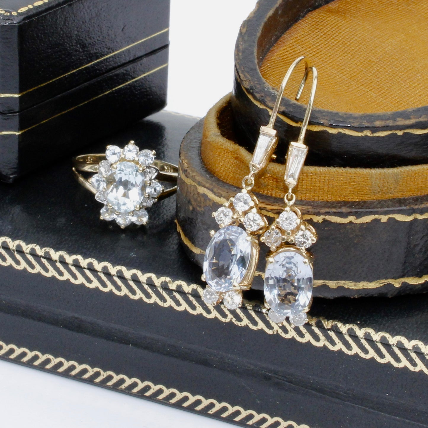 Antique Aquamarine & Diamond Set, 5.59 Carats 14K Gold